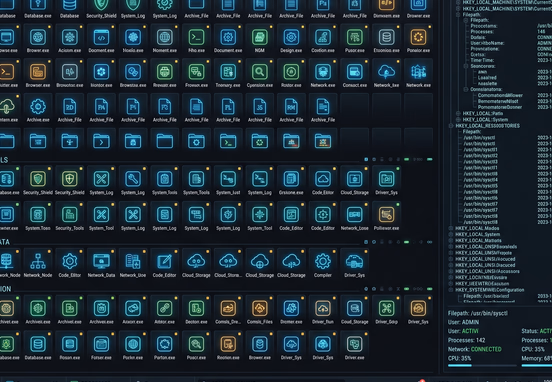 Organized digital archive glowing with neat rows of software icons and system registries on dark UI background for data management