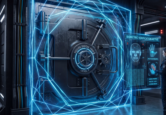 Secure digital vault gate protected by glowing geometric shield lines and biometric access overlays for data security protection