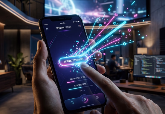 Elegant smartphone interface showing micro-interactions with neon trajectories and UI particles from premium app button in design studio.