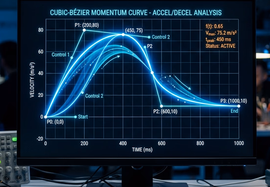 Geometric cubic-bezier graph plotting elegant fluid motion arcs with acceleration and deceleration momentum curves in visualization.