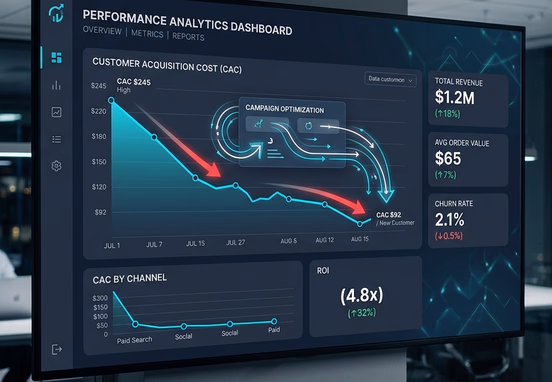 Sleek corporate analytics screen with smooth animation vectors pointing to plummeting Customer Acquisition Cost metric graph.