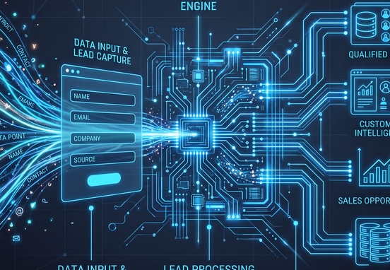 Modern high-tech digital lead engine visualization with glowing data streams and responsive web form interface transforming raw corporate data