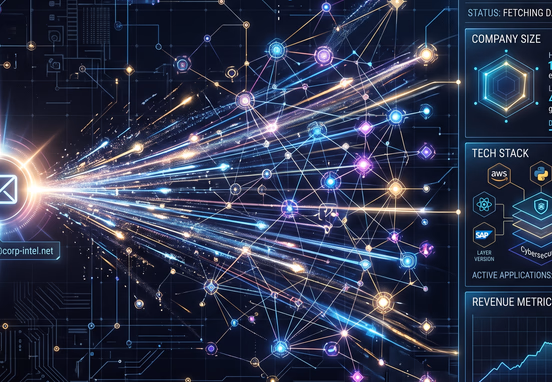 Corporate email address initiating fast network scan with shimmering data nodes fetching company size, tech stack, and revenue metrics for profile