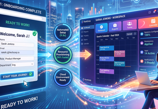 Digital onboarding journey transitioning from web form to cloud workspace with automated setup metrics and calendar syncing for enterprise users