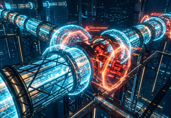 Heavy-duty luminous digital pipeline fortified by structural grid lines and protective energy shields reflecting error containment