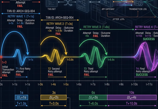 Architectural sequence visualization detailing staggered time-delayed transactional retry waves with mathematical spacing bars