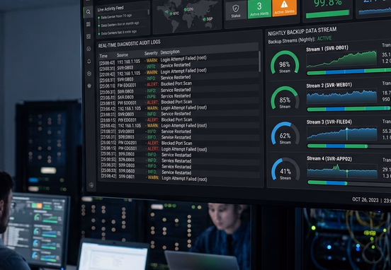 Secure server dashboard displaying real-time diagnostic audit logs and high-frequency nightly backup data stream indicators