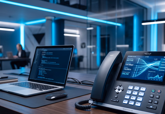 Sleek modern office desk with corporate VoIP phone displaying digital data streams in neon blue and white lighting professional telecom style.