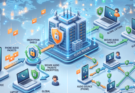 Network architecture comparison map showing cloud server icons routing phone audio packets to global devices with encryption shields in 3D.