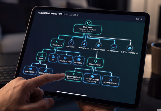 Interactive voice response IVR phone tree flowchart on dark tablet screen with clean UI design and department connection lines.