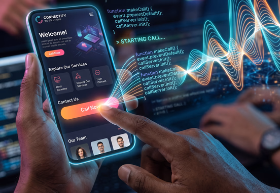 User tapping Call Now link on smartphone website with glowing code transforming into high-speed voice wave vector in modern design.