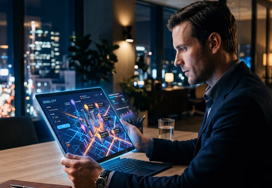 Modern 3D map with glowing business search pins and data nodes on tablet in high-tech corporate office with dramatic cinematic lighting.