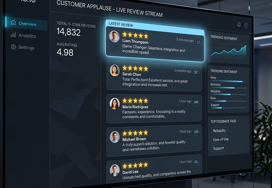 Polished digital interface displaying five-star customer reviews lighting up dynamically in clean corporate design with dark aesthetic.