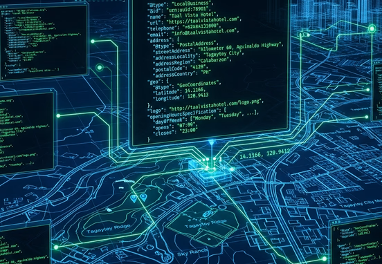 Neon green JSON-LD code structuring local business data parameters over abstract blueprint map in high-tech engineering style.
