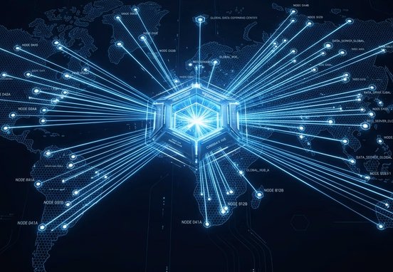 Global data network matrix with aligned directory nodes sending synchronized light beams into central corporate hub minimalist.