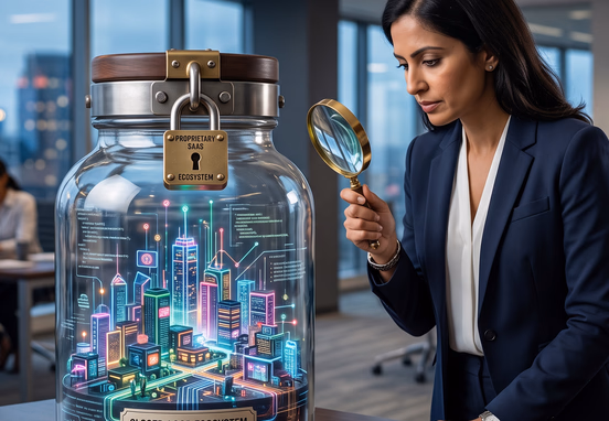 Business professional examining beautiful digital city inside locked glass jar symbolizing proprietary SaaS ecosystem in corporate design.