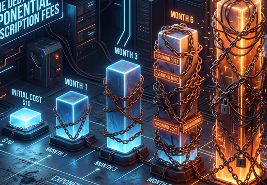 3D bar graph with small initial cost and exponentially growing subscription fee bars covered in chains in high contrast tech.