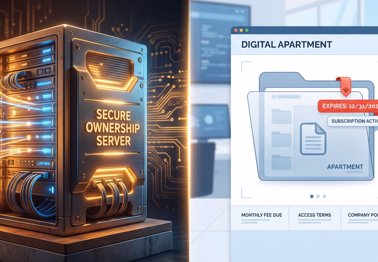 Split concept showing secure personal hardware server with data ownership versus rented digital file with expiry tags layout.