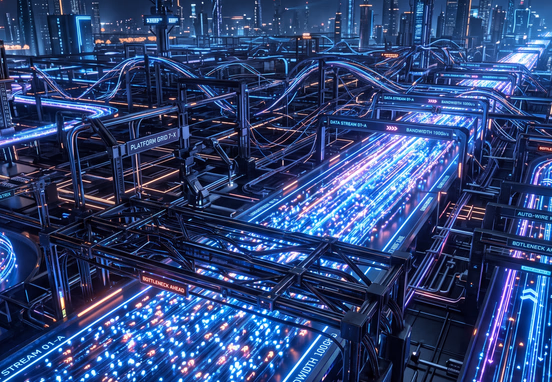 Sleek digital highway with data packets stuck in bottleneck from heavy complex maze of automated platform wires in dark aesthetic.