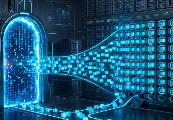 Stylized digital exit portal with illuminated data blocks neatly packing into secure archive for modern minimal tech storage