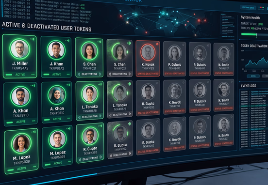 Security dashboard showing multiple user avatar access tokens transforming from glowing green to deactivated gray for tech access