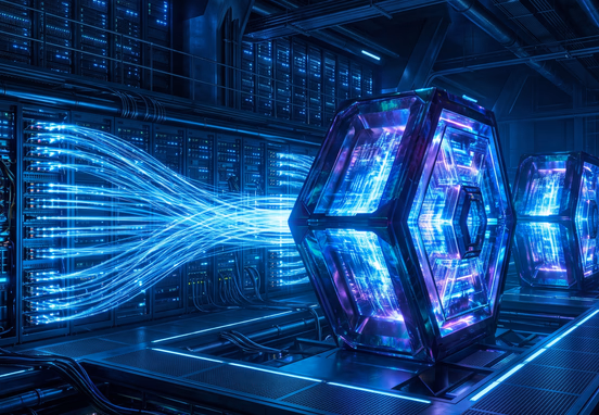 Complex digital servers offloading data into compressed crystalline storage vaults with glowing blue accents for data security