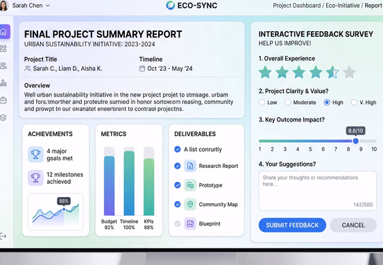 Elegant user interface presenting final project summary report and interactive feedback survey for clean modern design feedback