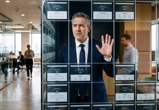 Professional business executive trapped behind glass wall of identical website templates looking restricted and frustrated in corporate office.