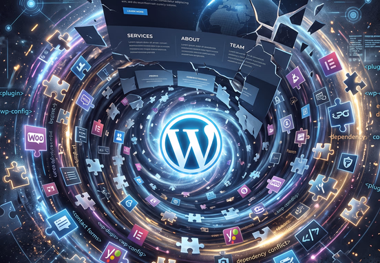Glowing WordPress logo at center of swirling vortex with plugin icons pulling corporate website layout symbolizing dependency spiral.