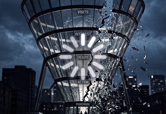 Sleek architectural glass conversion funnel cracking and shattering down middle with slow-loading buffering wheel overlay in high contrast.