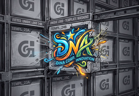 Unique vibrant corporate logo squished and distorted into rigid grey template grid box surrounded by identical generic clones.