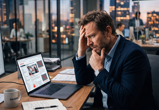 Frustrated business owner at modern desk staring at laptop displaying broken chaotic website layout with error messages in professional setting.