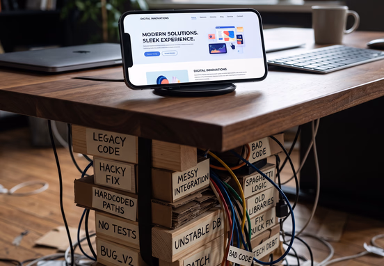 Sleek smartphone displaying website homepage supported underneath desk by fragile messy stack of blocks and tangled cords with bad code.