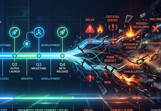 Stylized corporate timeline progressing from bright organized section to fractured faded chaos representing derailed project schedule.