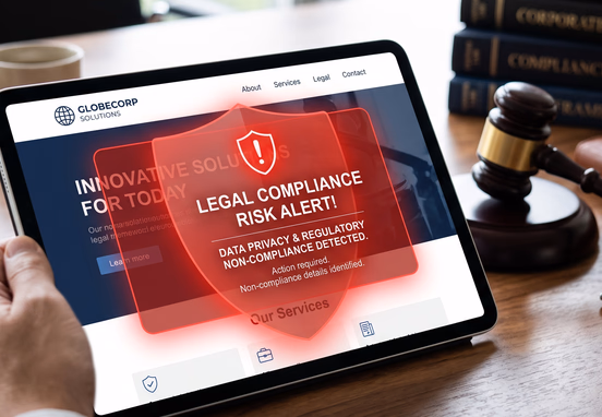 Modern corporate website on tablet with red warning shield overlay and judge's gavel background representing legal compliance risks.