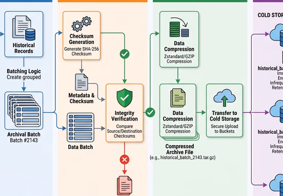 Automated data archiving pipeline where historical records are batched verified with checksums and safely moved to compressed cold storage buckets