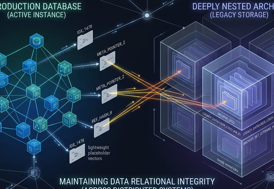Data relational integrity across distributed systems showing lightweight placeholder vectors in a production database linking to deeply nested archived files