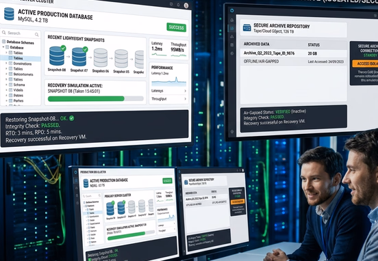 Optimized enterprise backup infrastructure displaying a fast lightweight production database snapshot next to an isolated secure cold storage archive