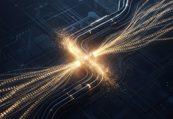 Dark digital background with glowing binary streams showing a microscopic gold light leak originating from an abstract data pipeline
