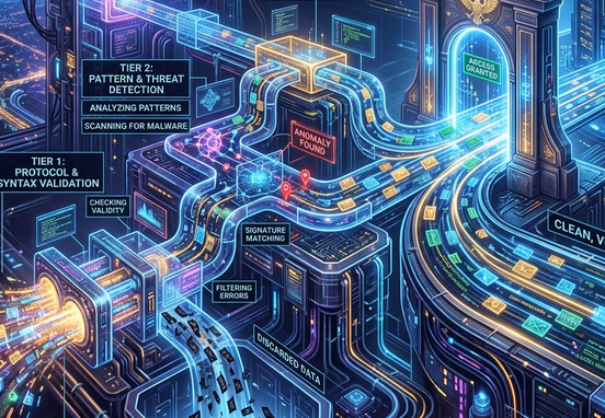 Multi-tiered data filter pipeline structure checking incoming glowing code packets and passing clean data through architectural gates