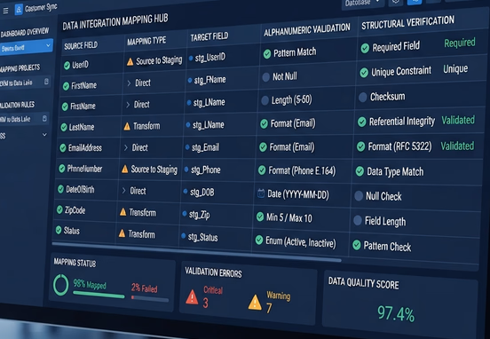 Clean digital matrix dashboard displaying data mapping fields alphanumeric validation type definitions and structural verification parameters