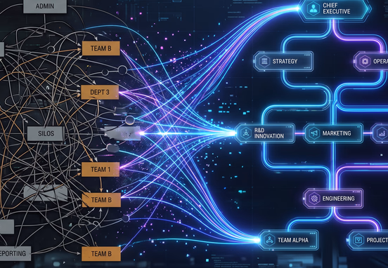 Organizational map transforming from chaotic web of lines into structured blueprint with glowing data pathways for modern tech