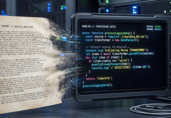 Blurred text document morphing into sharp glowing JavaScript code running through automated server terminal for minimal automation