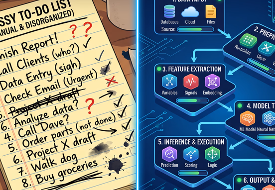 Split-screen matrix comparing messy handwritten checklist with clean multi-tiered algorithmic pipeline model for isometric design