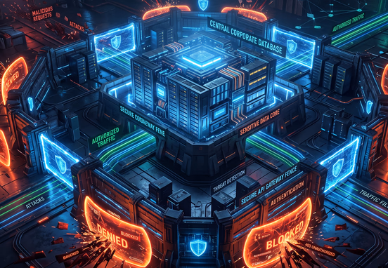 Secure API gateway fence wrapped around central corporate database with glowing shields blocking unauthorized endpoints for security