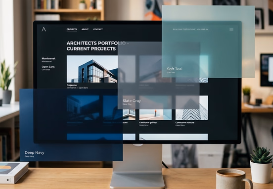 Sleek web interface layered with elegant translucent color swatches in deep navy, slate gray and soft teal in modern design studio.