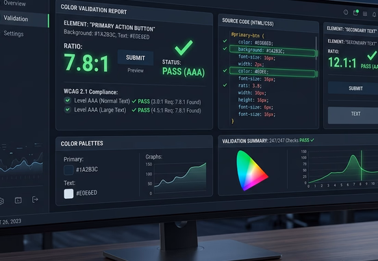 Technical UI design screen executing color contrast validation with clear passing metrics and AAA checkmarks over accessible clean code.