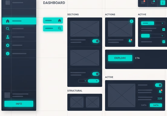 Minimalist user interface diagram divided into 60% soft off-white canvas, 30% structural slate blocks and 10% glowing teal buttons.