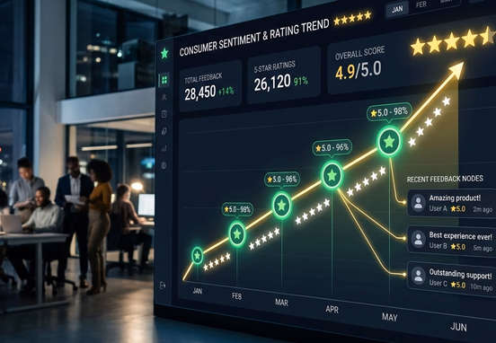 Elegant corporate dashboard with ascending graph of glowing five-star ratings and positive feedback nodes in ultra-modern tech office.