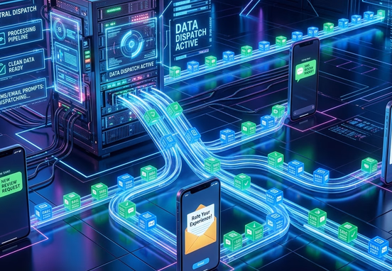 Automated network pipeline dispatching clean data packets of SMS and email review prompts from central server to multiple smartphones.